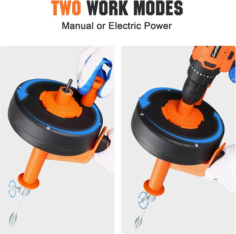 CRAFTZONE Store ثعبان تصريف 25 قدم، ثعبان السباكة مع محول مثقاب، مزيل انسداد الأنابيب لتنظيف حوض المطبخ والحمام والدش، فولاذ مرن - Image 5